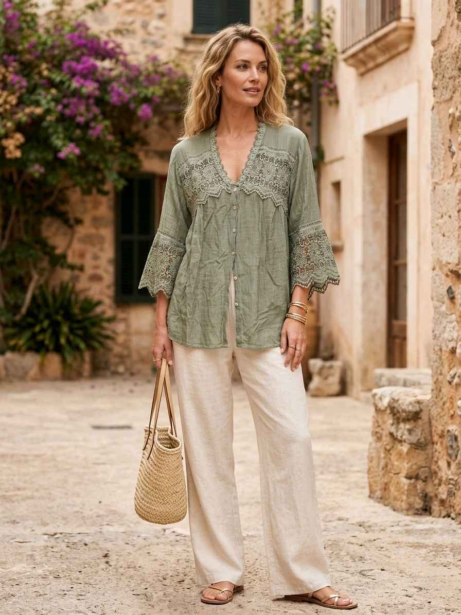 Chemise bohème-chic
Col en V avec finitions dentelle
Manches évasées au coude(x6)