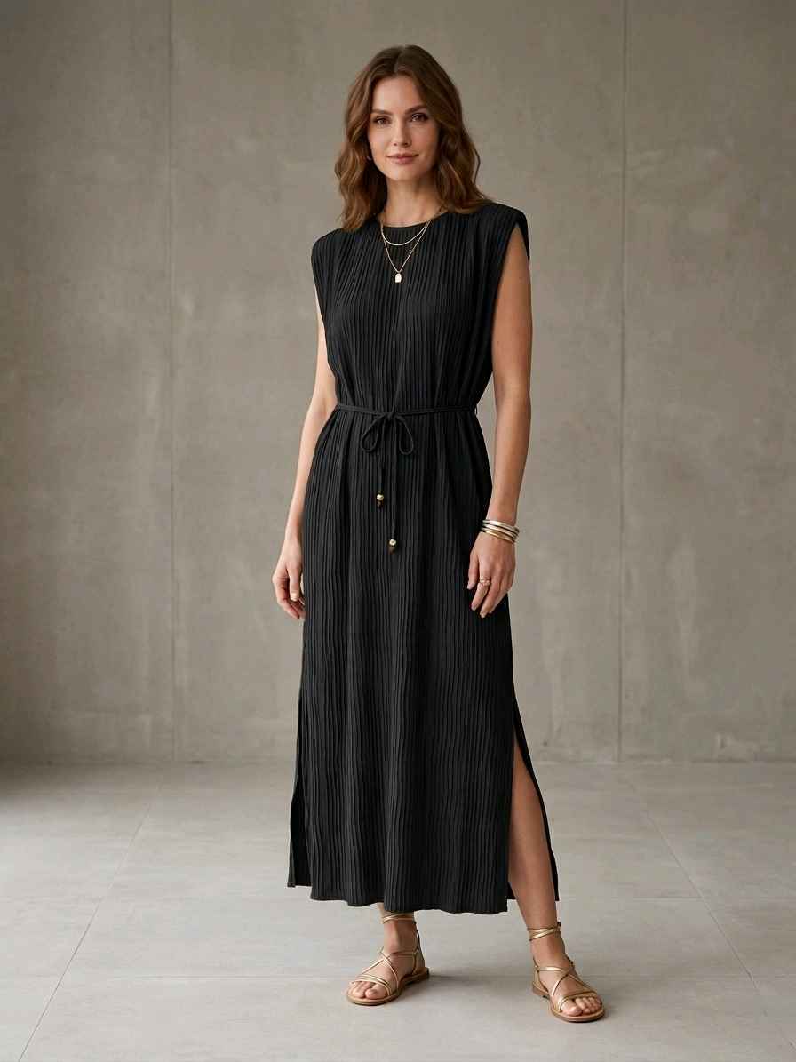 Robe longue plissée avec épaulettes col Élastiqué(x8)