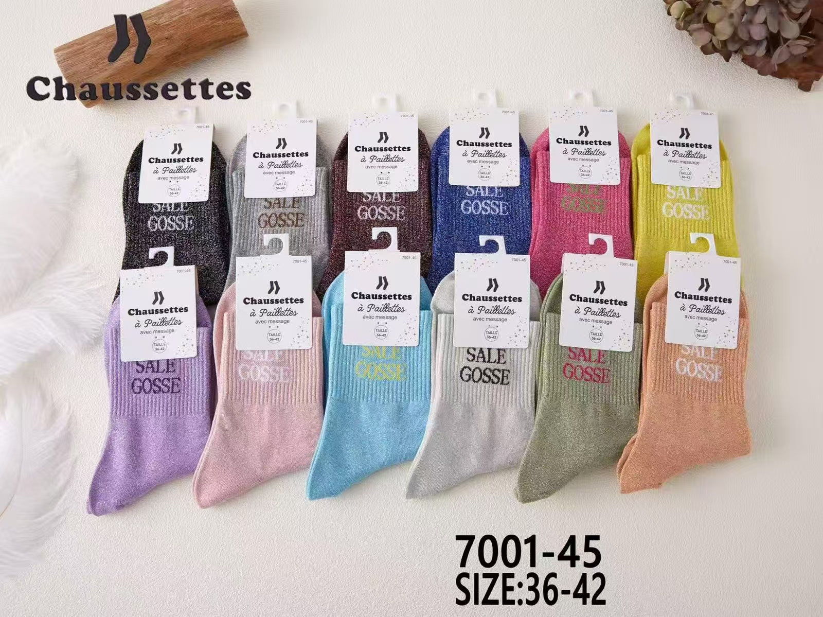 chaussette paillettes avec message(×12)7001