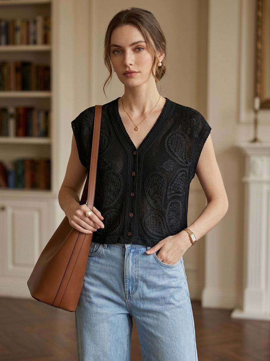 Gilet sans manches en maille crochetée à motifs cachemire(x6）