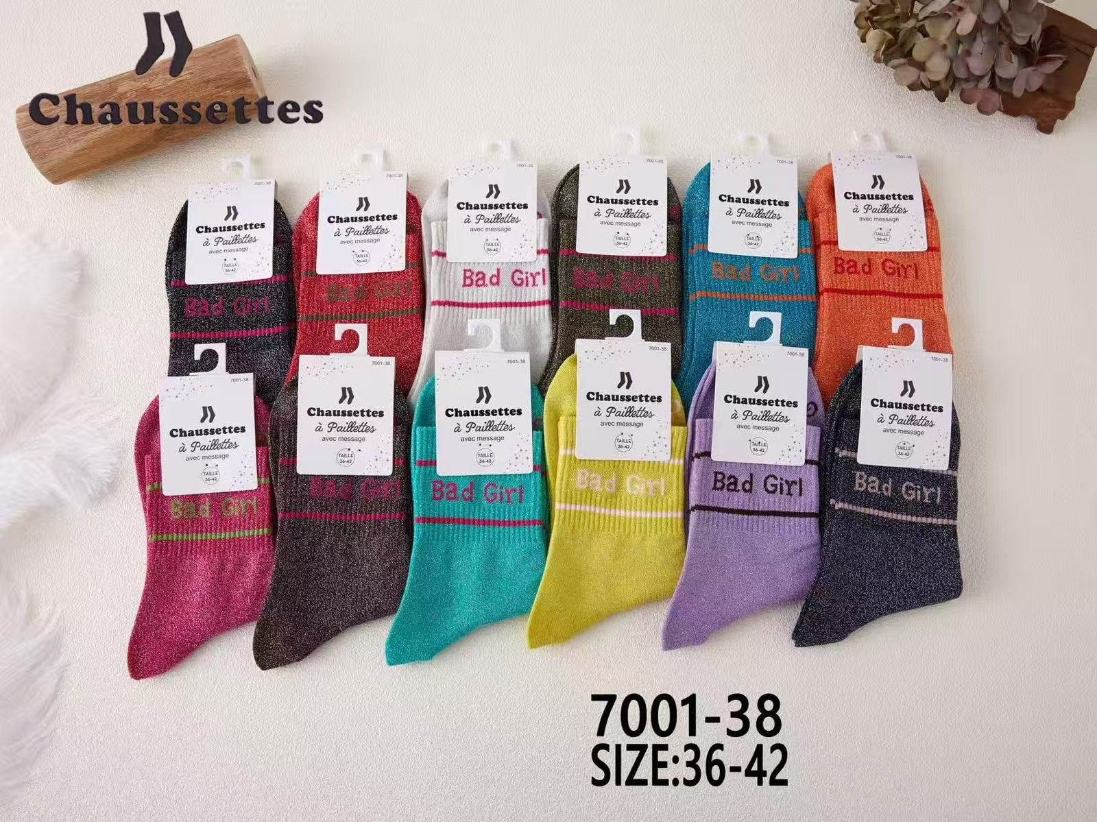 chaussette paillettes avec message(×12)7001
