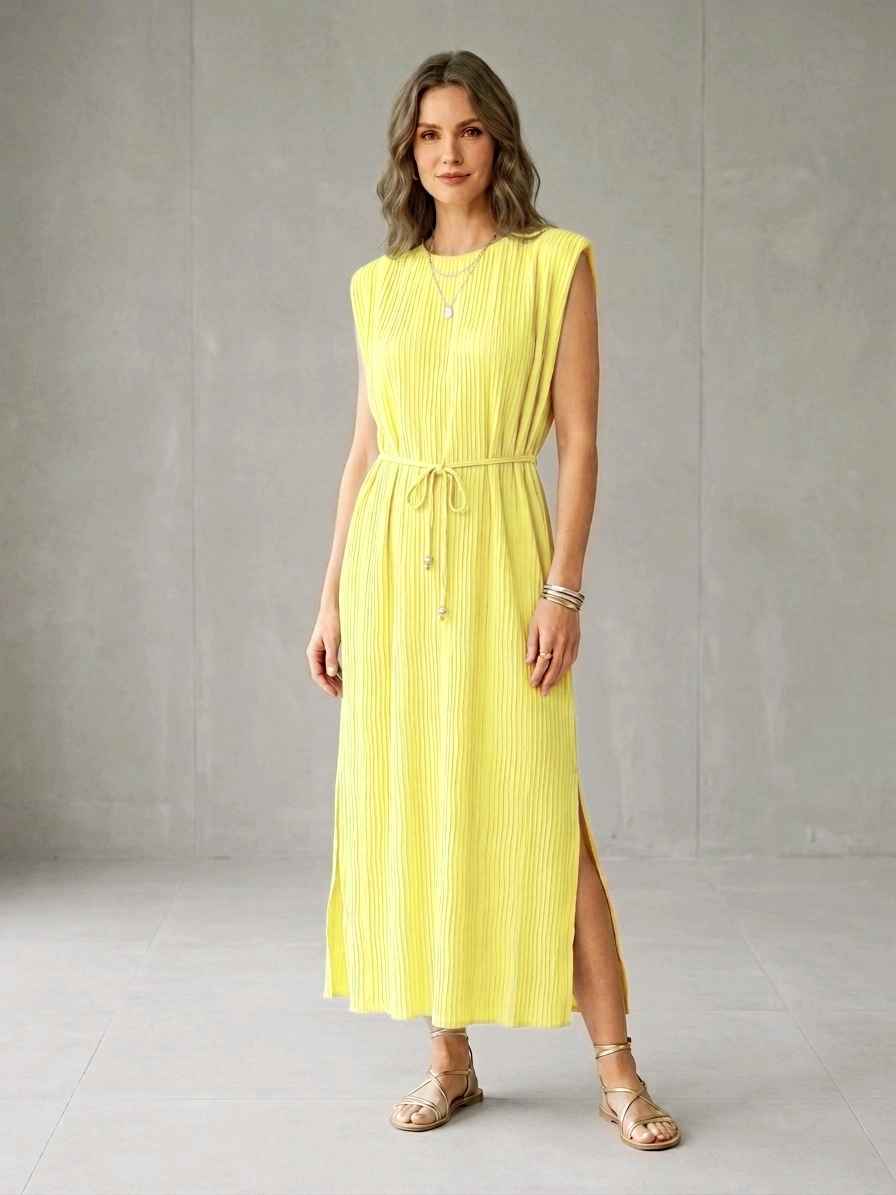 Robe longue plissée avec épaulettes col Élastiqué(x8)