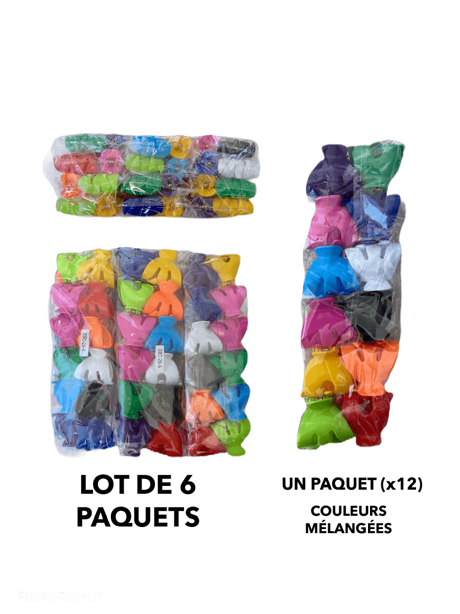 LOT DE 6 PAQUETS - petites Pinces crabes cheveux couleurs (x12) 2 tailles disponibles 2,50€/paquet | Grossiste-pro