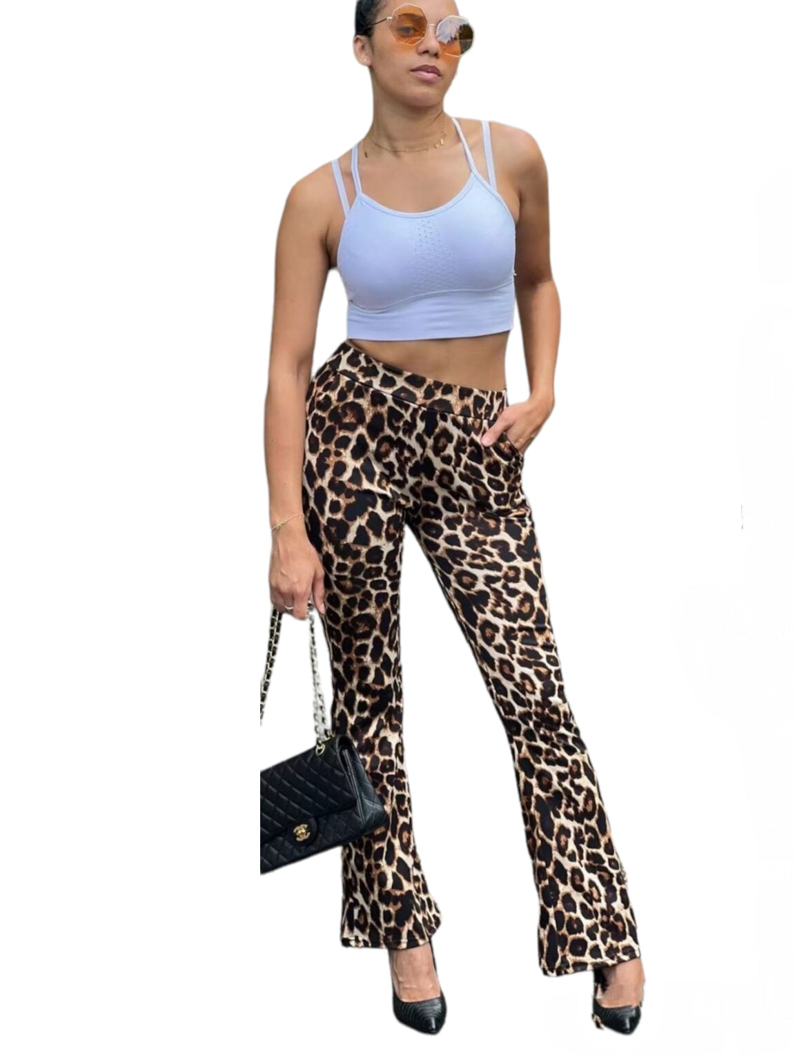 Plain color pants free at the bottom Leopard pattern (x12)