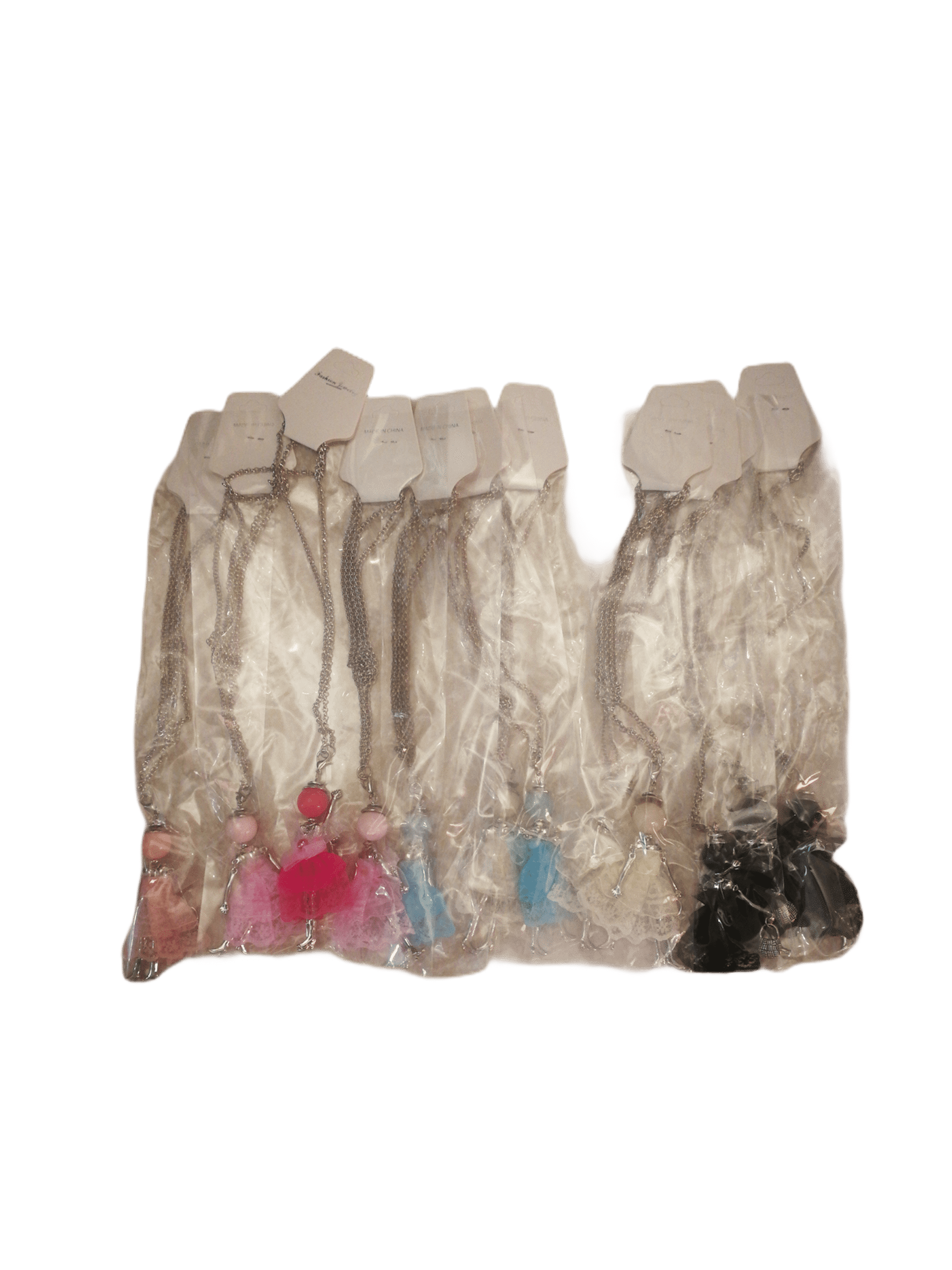 DESTOCKAGE Colliers sautoir pendentif poupée robe tissu (x12)       1,50€/unité | Grossiste-pro